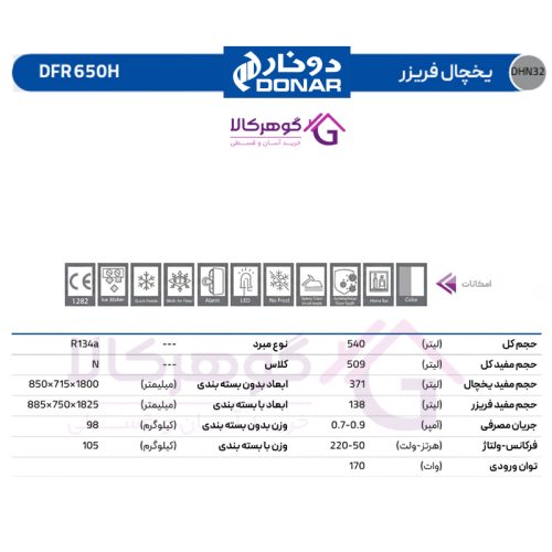 یخچال فریزر دونار مدل DFR 650H - جدول ویژگی ها