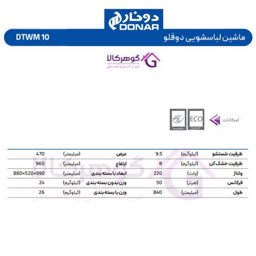 ماشین لباسشویی دوقلو دونار مدل 10 DTWM - جدول مشخصات