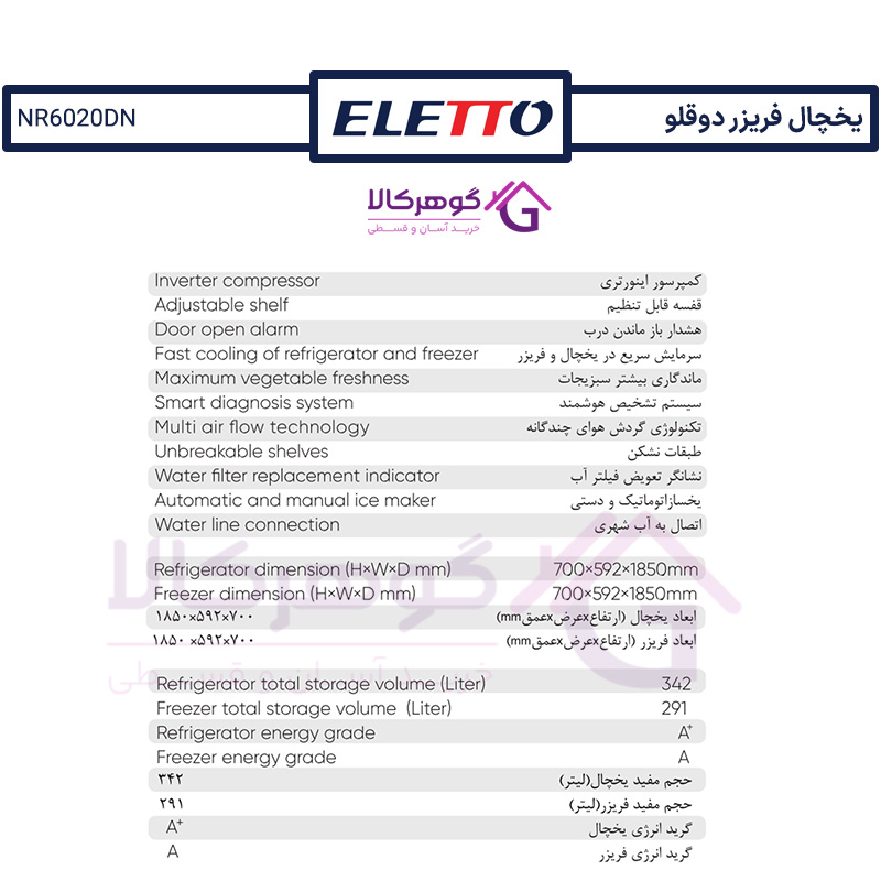 مشخصات و ویژگیهای یخچال فریزر دوقلو التتو مدل NR6020DN / NF6020DN-ICE