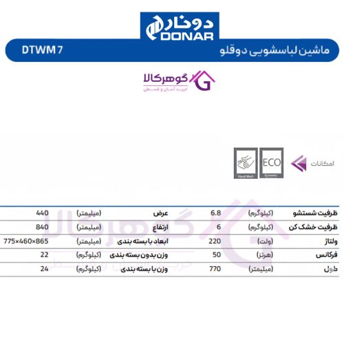 ماشین لباسشویی دوقلو دونار مدل 7 DTWM - جدول مشخصات