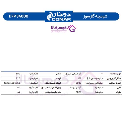 شومینه گازسوز دونار مدل 34000 DFP - جدول مشخصات