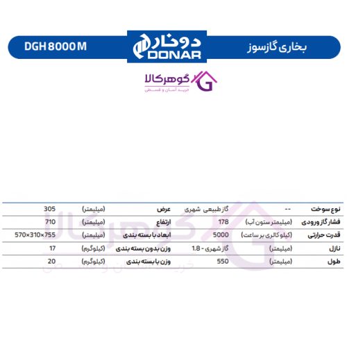 بخاری گازسوز دونار مدل DGH 8000 M - جدول مشخصات