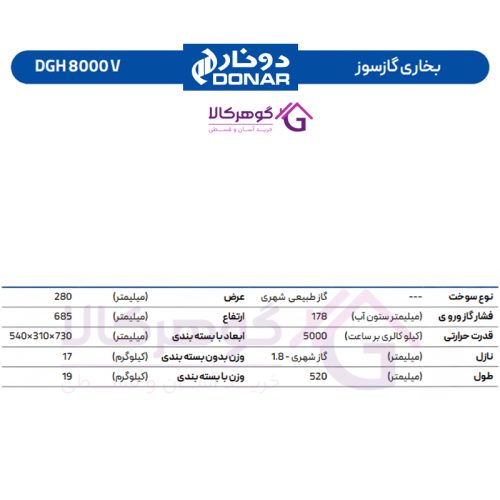بخاری گازسوز دونار مدل DGH 8000 V - جدول مشخصات