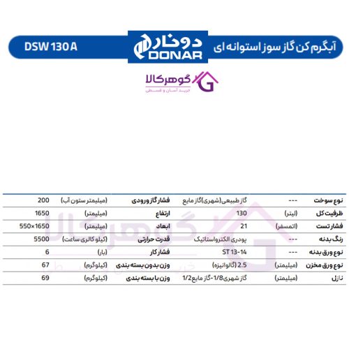 آبگرمکن گازسوز استوانه‌ای دونار مدل DSW 130 A - جدول مشخصات