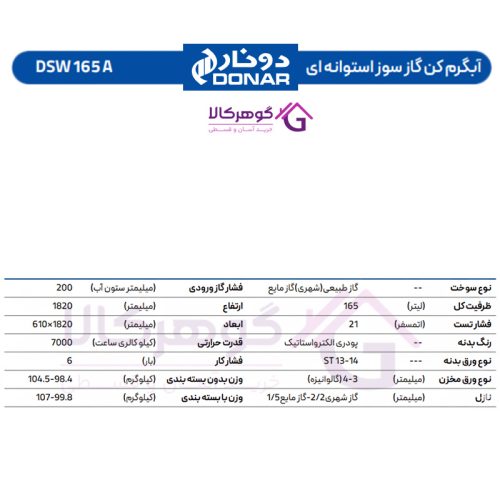 آبگرمکن گازسوز استوانه‌ای دونار مدل DSW 165 A - 3