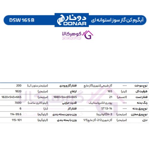 آبگرمکن گازسوز یخچالی دونار مدل DSW 165 B - جدول مشخصات