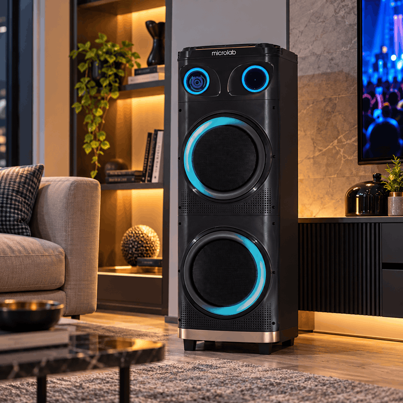 اسپیکر میکرولب BT-1204 توان 140 وات RMS با پنل RGB و میکروفون بی‌سیم