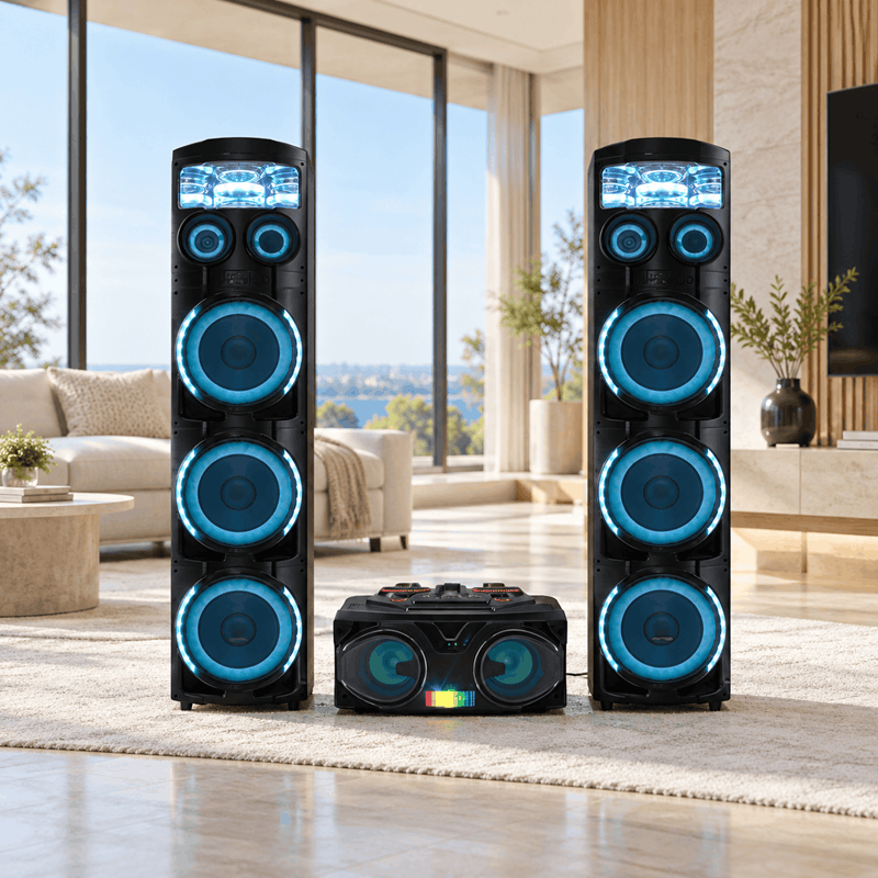 اسپیکر میکرولب مدل KM-600 V سری 3D Light UFO با توان 420 وات RMS، شش ساب‌ووفر و دو میکروفون شارژی