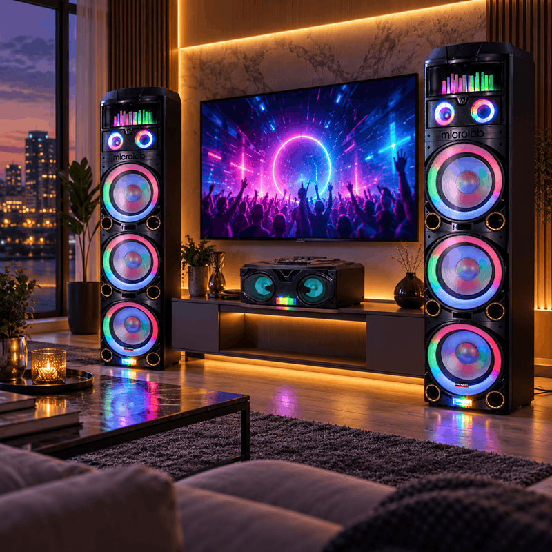اسپیکر میکرولب مدل KmS-600 سری DJ با توان 420 وات RMS، دو میکروفون بی‌سیم و نورپردازی لیزری - تصویر 3